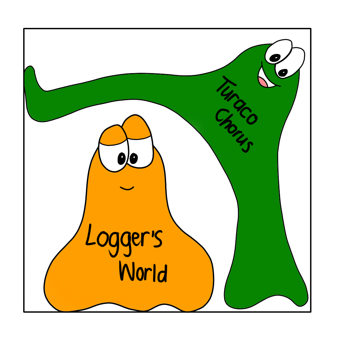 Logger's World and Turaco Chorus are represented as blobs, enclosed in a box together. Logger's World looks calm and happy, while Turaco Chorus looks excited and energetic.